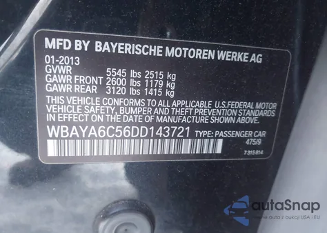 2013 BMW 740I from USA, damaged, VIN WBAYA6C56DD143721